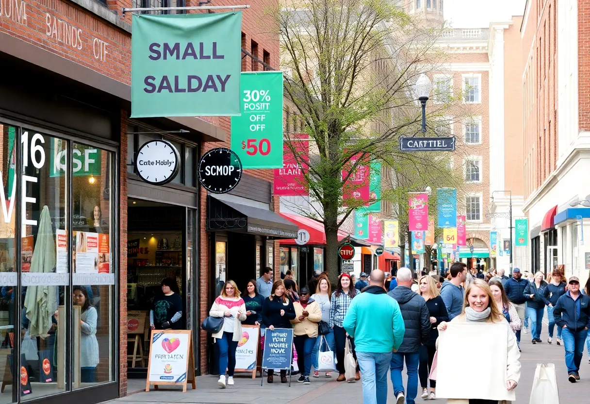 Shoppers enjoying Small Business Saturday in Indianapolis, with local businesses promoting unique offerings.