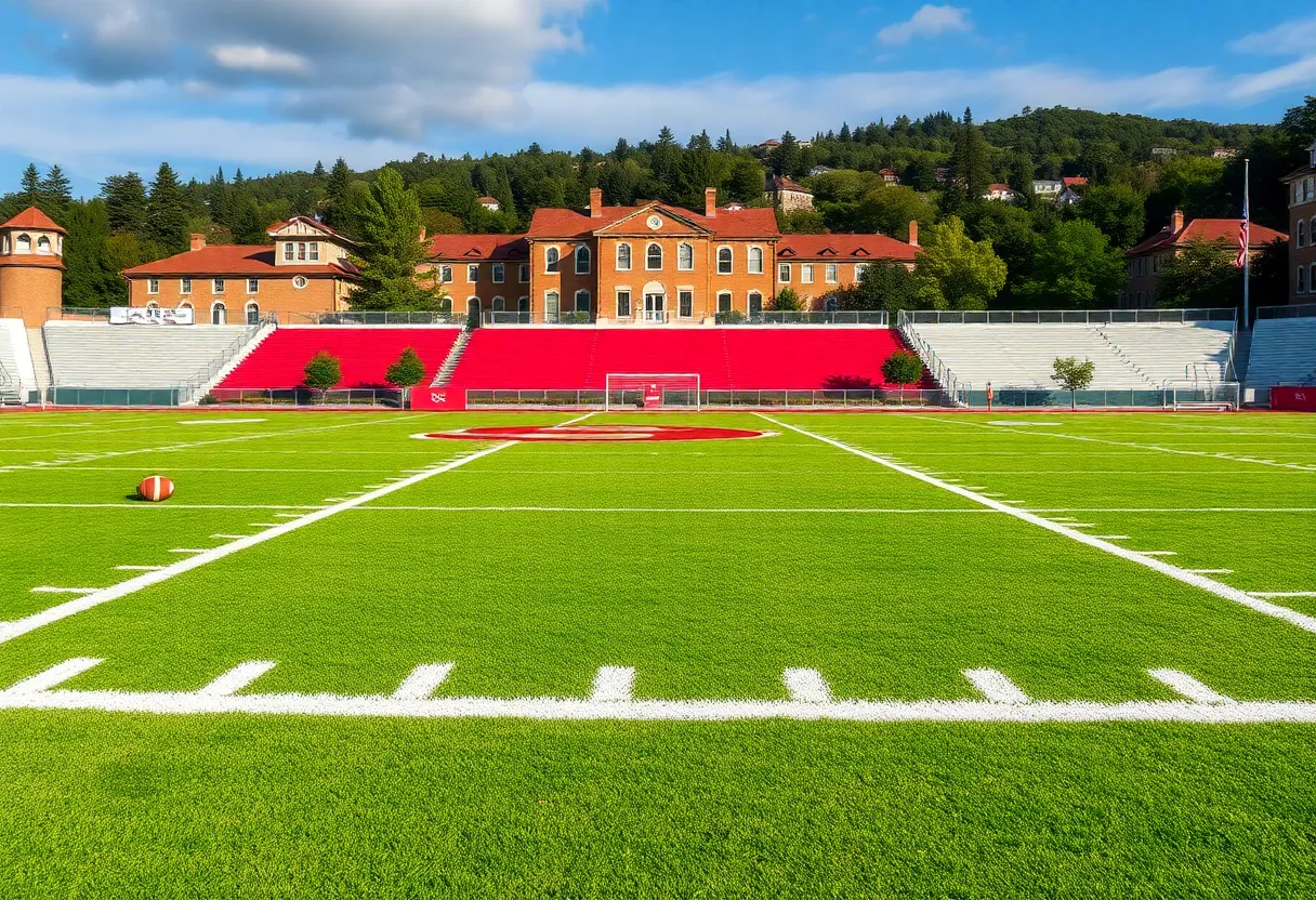 Stanford University football field with campus buildings