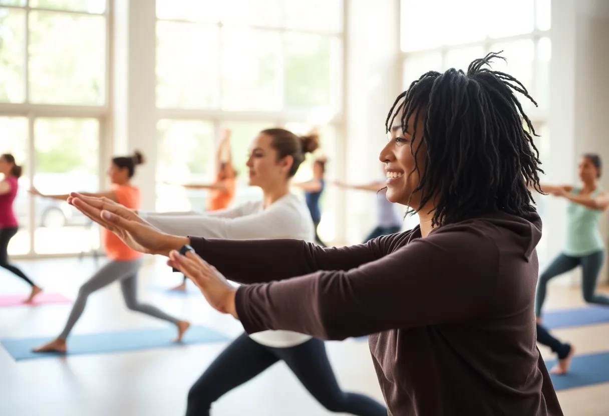 Group of people stretching in a park in Indianapolis