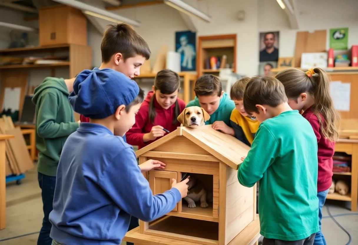 Middle school students constructing doghouses for local dogs in need.