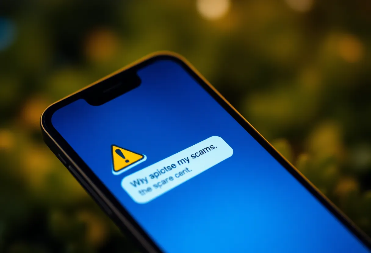 Illustration depicting a smartphone with a warning about smishing scams.