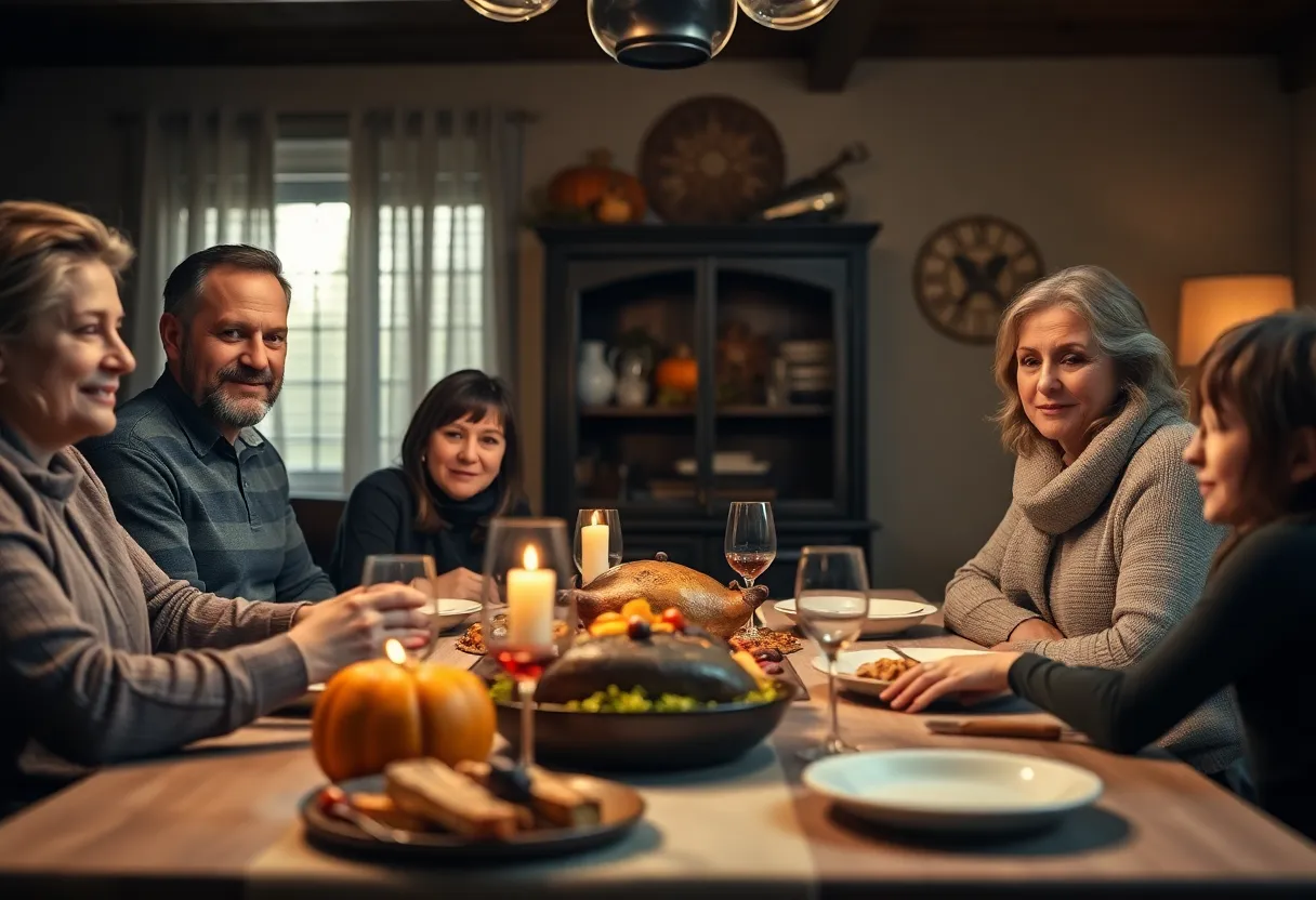 Thanksgiving family gathering emphasizing gun safety.