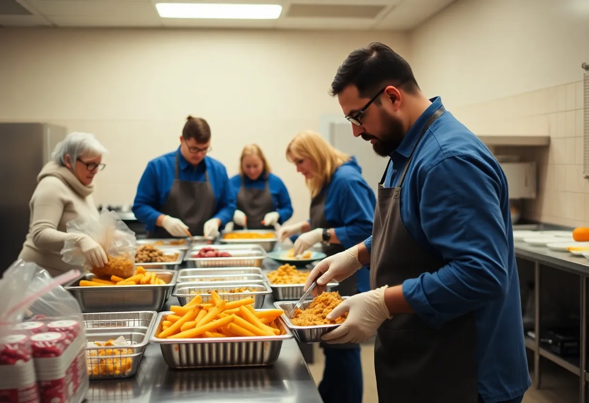 Volunteers preparing meals for Thanksgiving at the Mozel Sanders Foundation event