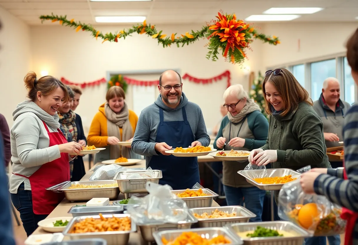 Volunteers serving Thanksgiving meals at a community event in Indianapolis