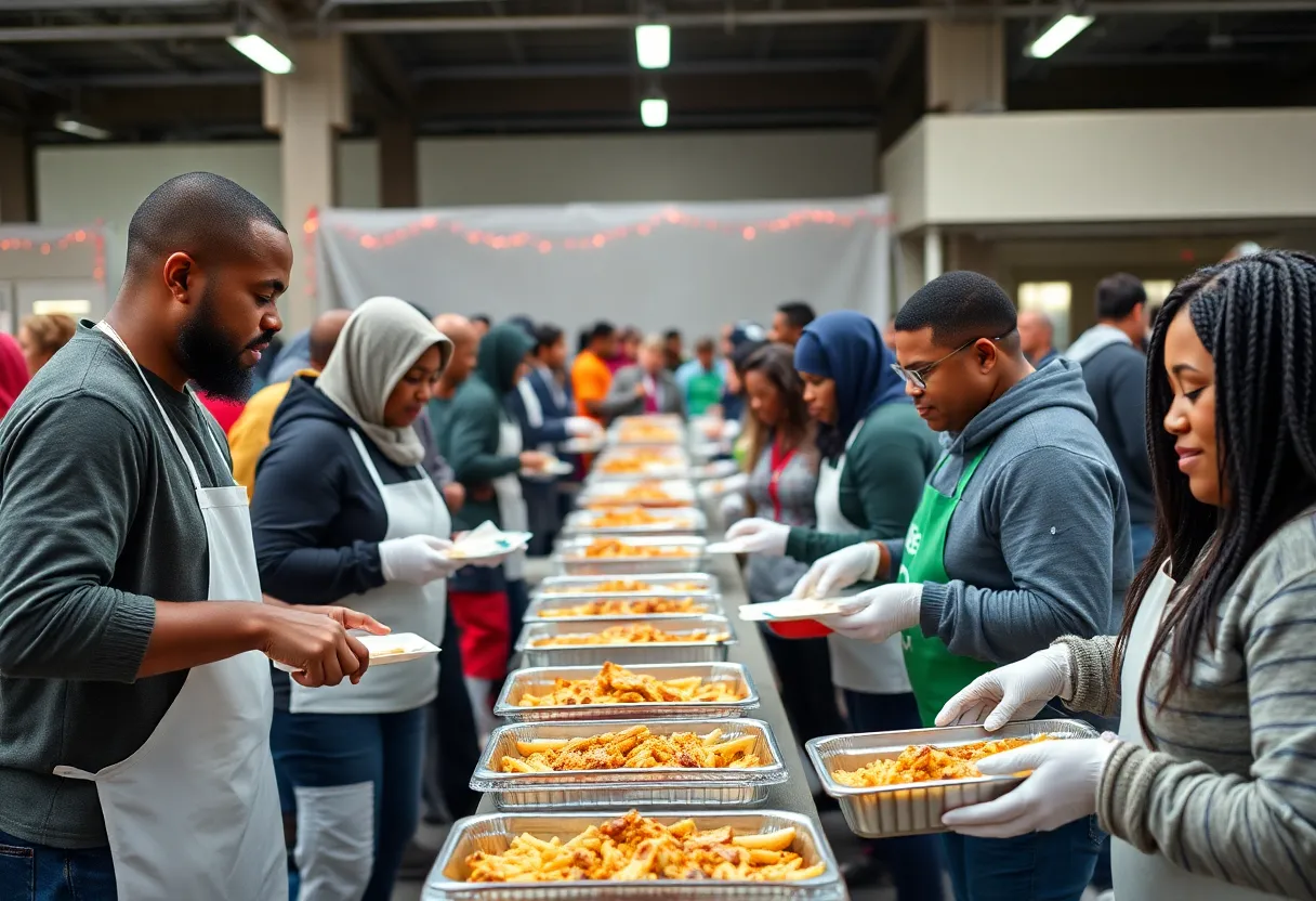 Volunteers distributing Thanksgiving meals in Indianapolis