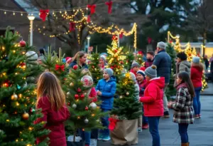 Families receiving Christmas trees from Twin Peaks during the holiday giveaway event.
