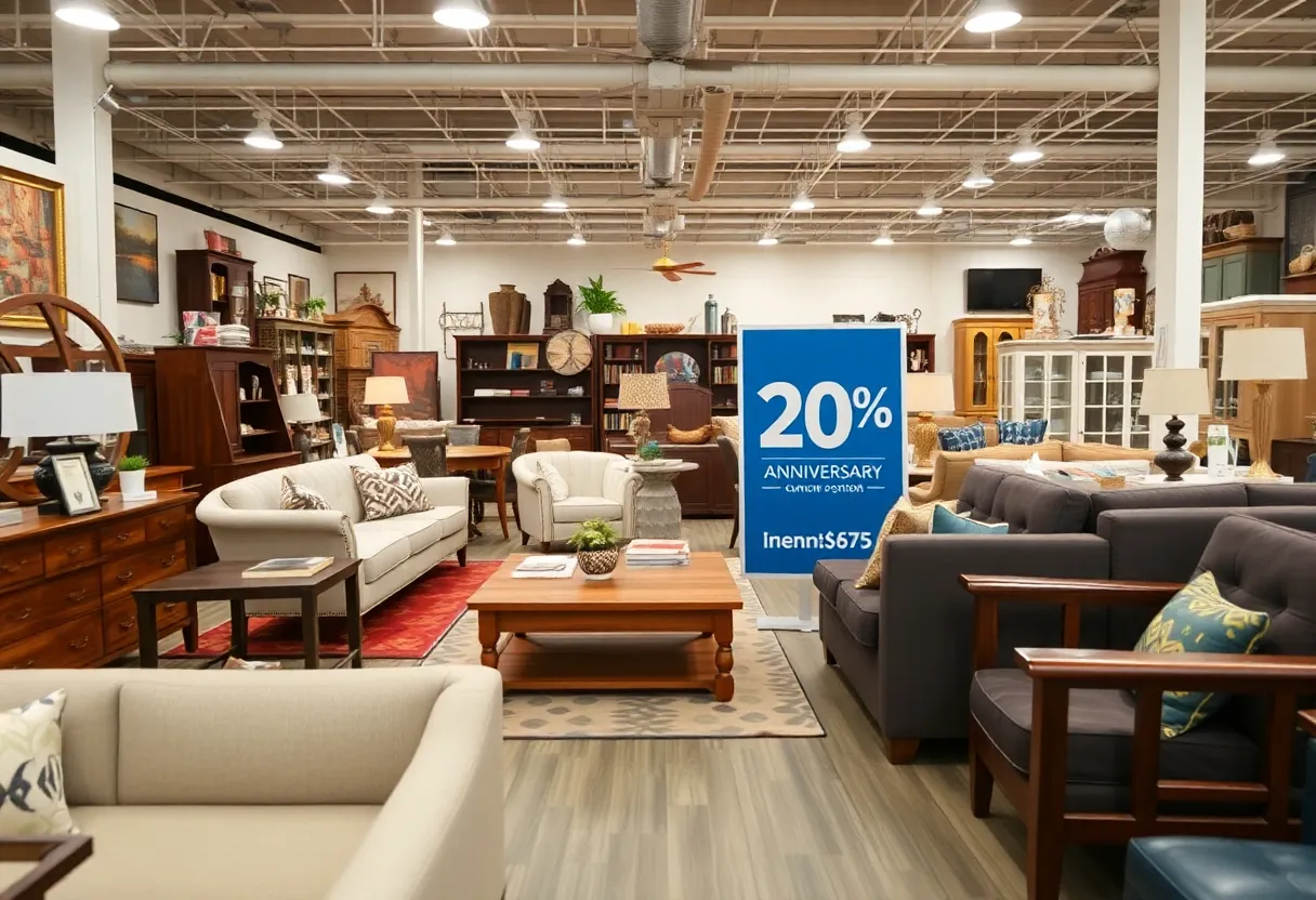 Interior view of Urban Styles Furniture promoting their 20th anniversary sale
