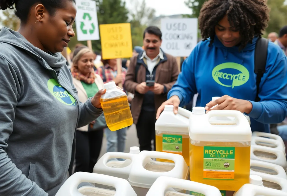 Community members at used cooking oil recycling event