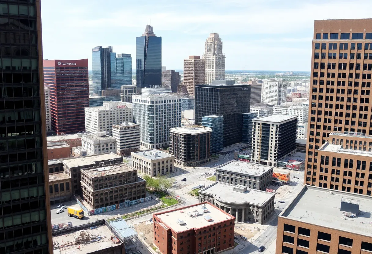 Vacant office buildings in downtown Indianapolis with construction projects