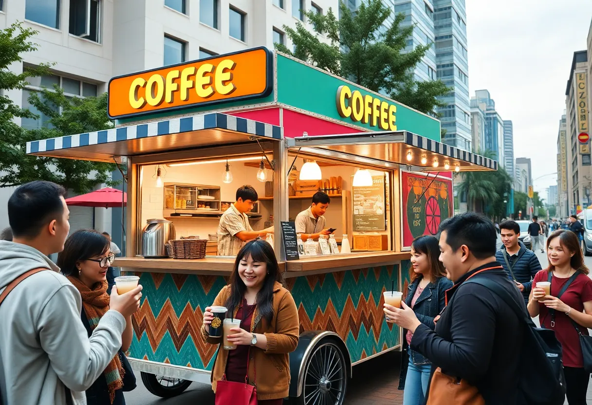 Wandering Bee Coffee's mobile trailer serving drinks to customers.