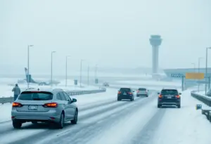 Snow-covered road with vehicles affected by winter storm travel disruptions