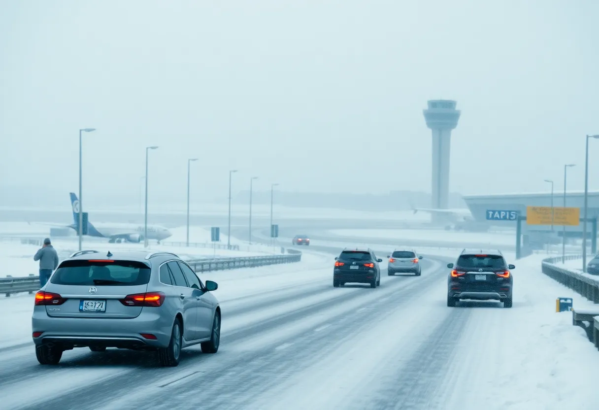 Snow-covered road with vehicles affected by winter storm travel disruptions
