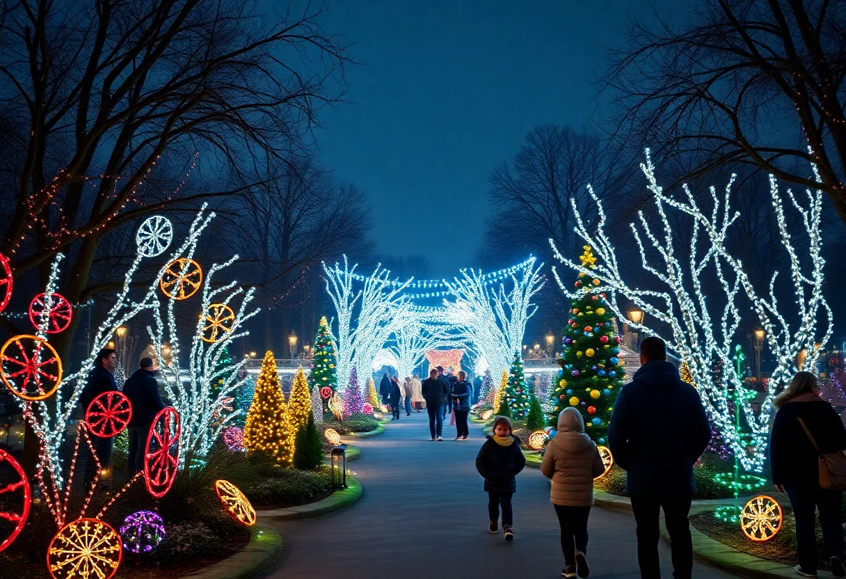 A vibrant display of festive lights at the Winterlights festival in Indianapolis.
