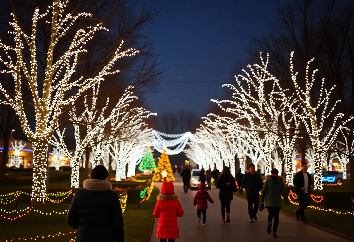 Night view of Winterlights at Newfields in Indianapolis with twinkling lights and festive decorations.