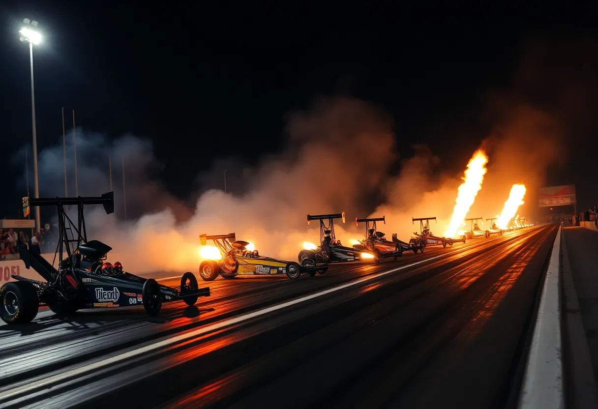 Exciting scene of top fuel dragsters at a U.S. Nationals event