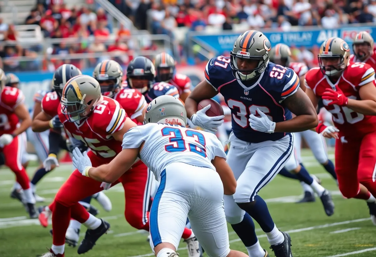 A football game in action with players competing on the field.