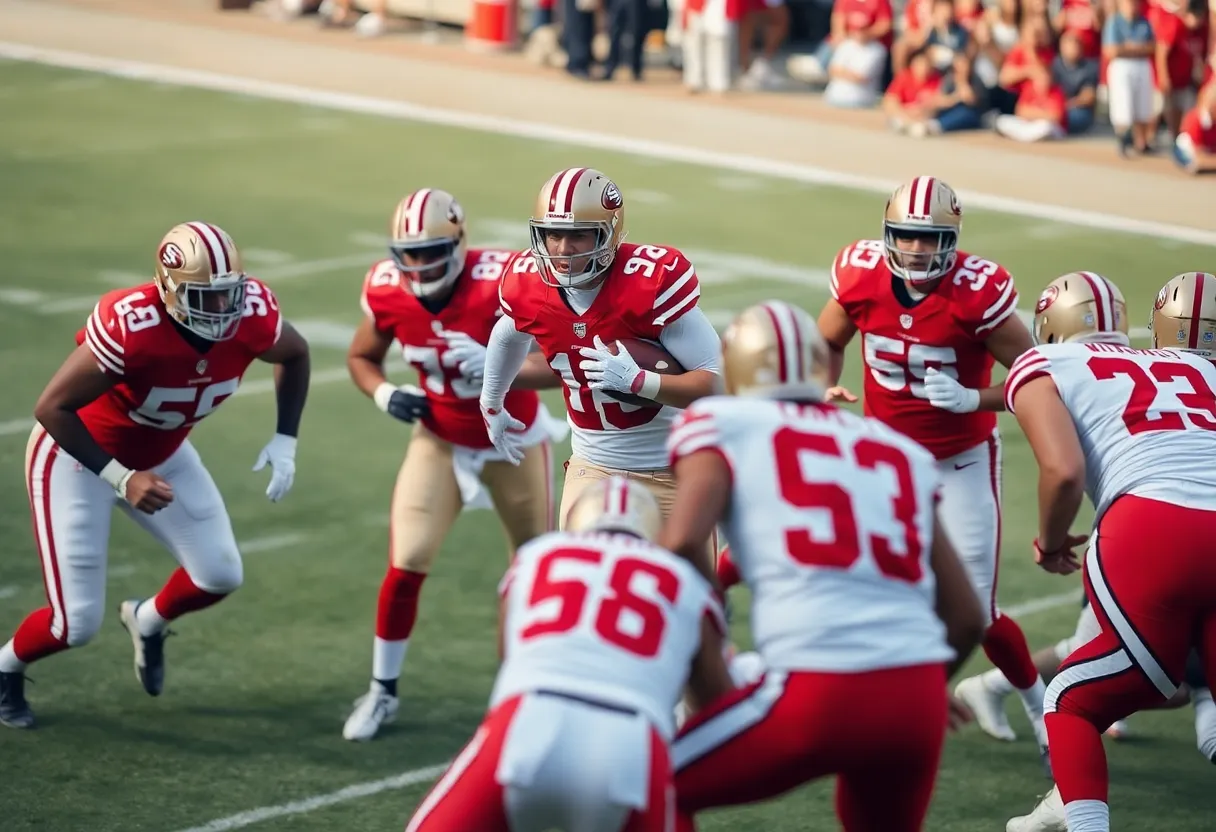 San Francisco 49ers team executing a play on the football field.