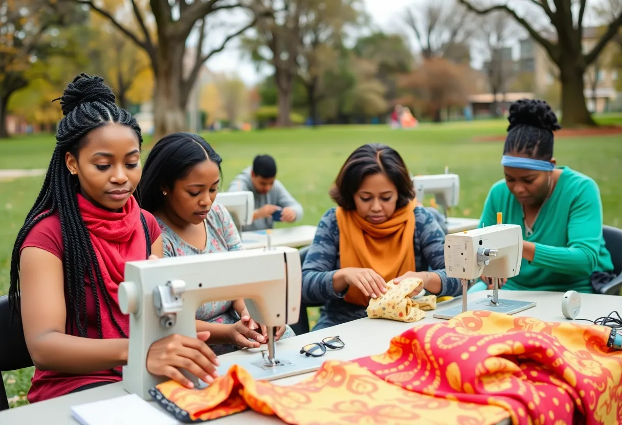 Group of adults participating in a sewing class at Broad Ripple Park