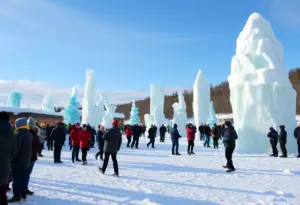 People enjoying activities at an ice festival in Alaska with beautiful ice sculptures.