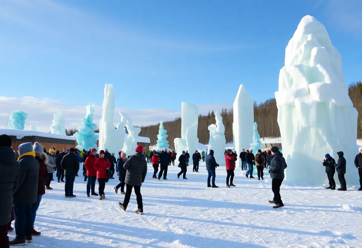 People enjoying activities at an ice festival in Alaska with beautiful ice sculptures.