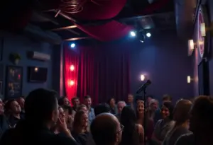 Stand-up comedy stage at Helium Comedy Club with an audience laughing.