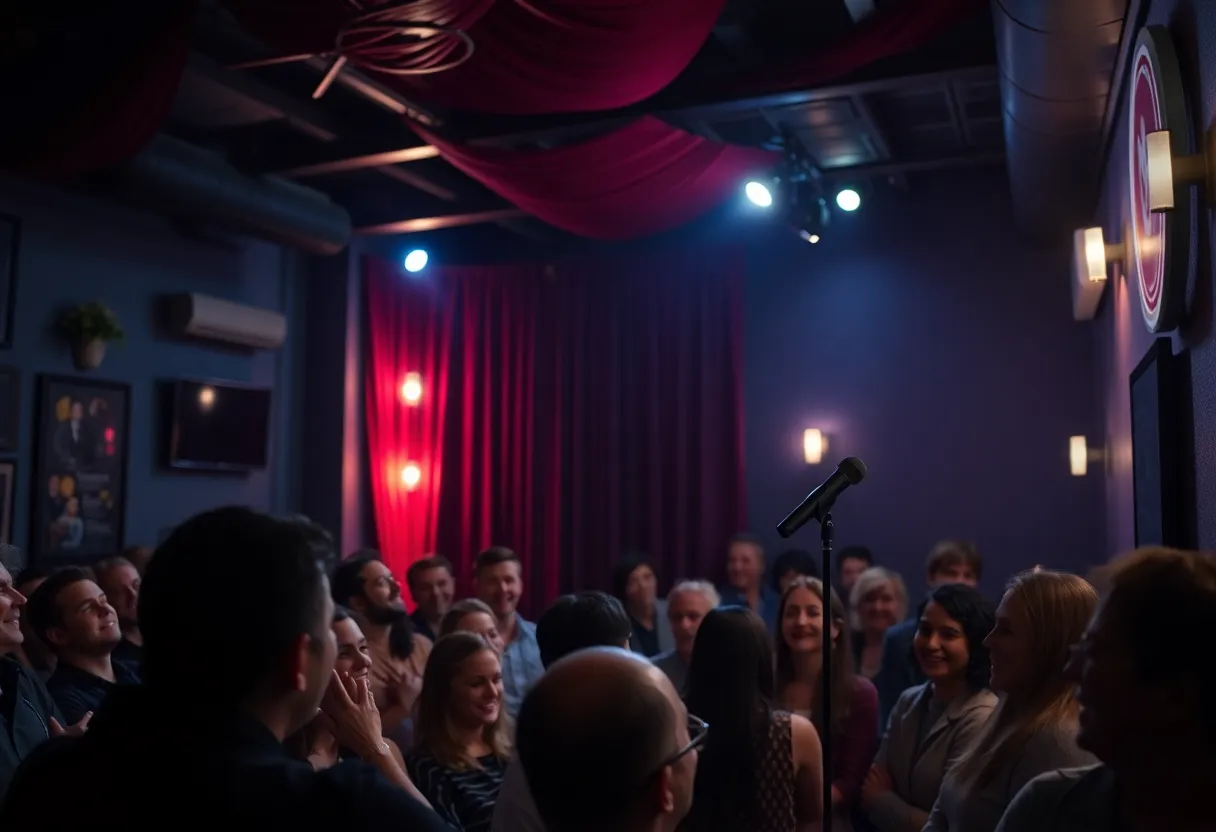 Stand-up comedy stage at Helium Comedy Club with an audience laughing.