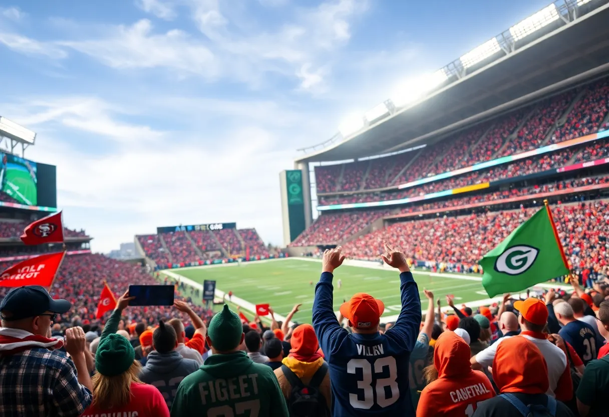 Fans cheering at Soldier Field during the Bears vs Browns game