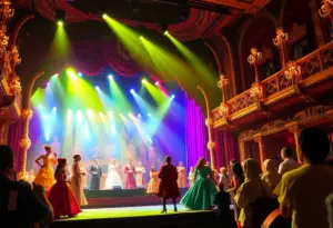 Theatrical performance of Beauty and the Beast showing colorful costumes and scenic design