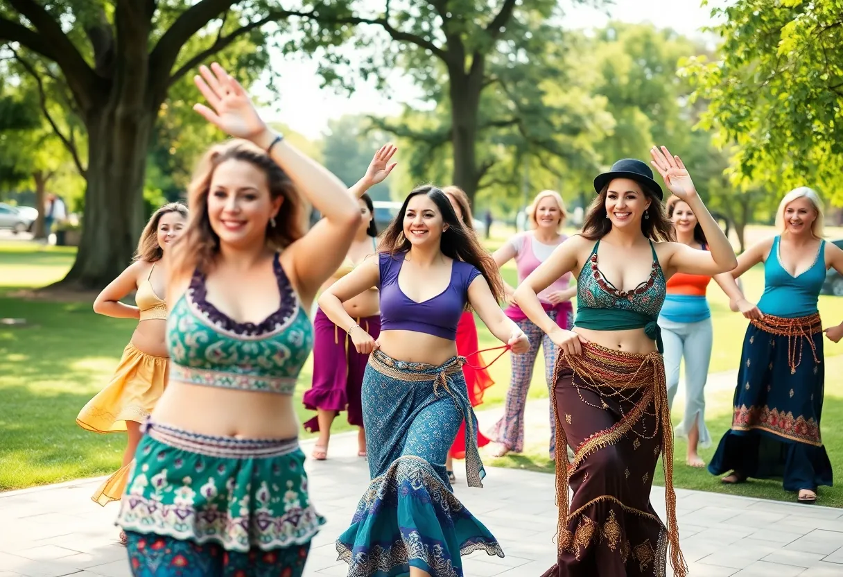 Participants engaging in a belly dance class outdoors at Broad Ripple Park