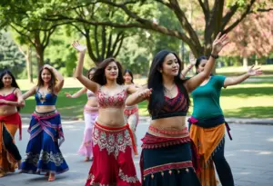 Participants enjoying a belly dance class at Broad Ripple Park.