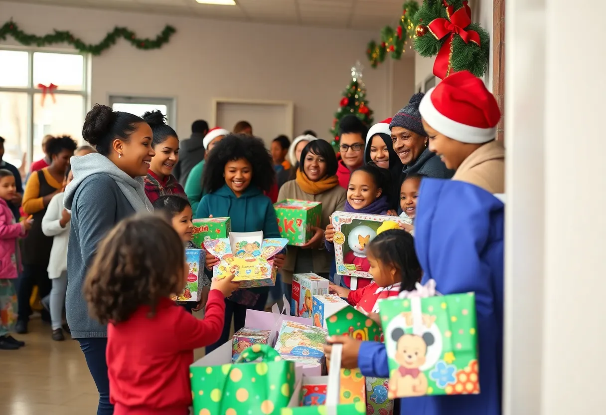 Children receiving toys at the Big Toy Giveaway event in Indiana