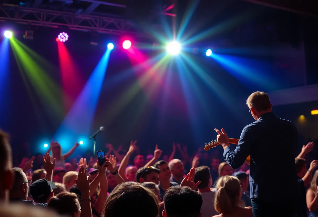 Concert audience enjoying a performance of a bluegrass artist on stage.