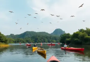Canoes and kayaks on a serene lake during the BIRD FEST event.