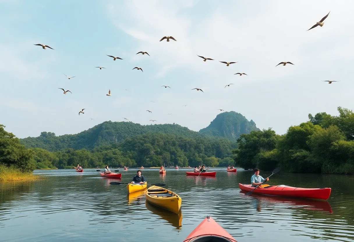 Canoes and kayaks on a serene lake during the BIRD FEST event.
