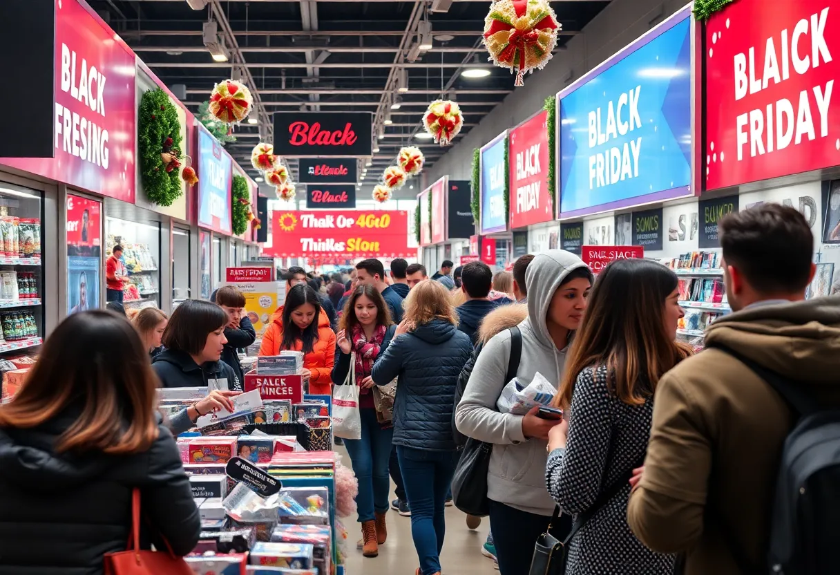 Shoppers engaging in Black Friday sales with vibrant holiday decorations.