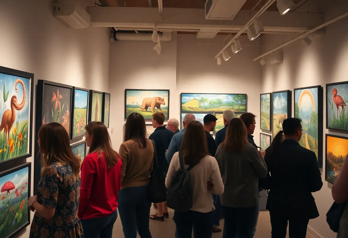 Community members engaging with art at the Flora, Fauna, & Fantastical Notions Reception