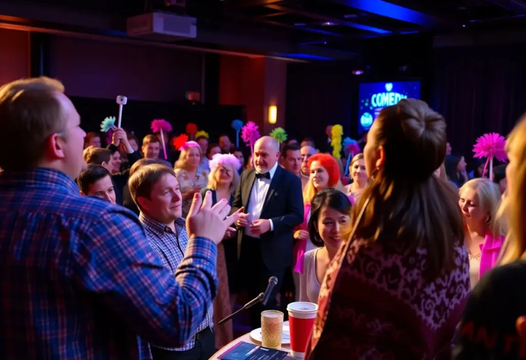 Audience participating in a live auction comedy at Candlelight Theatre, Bloomington