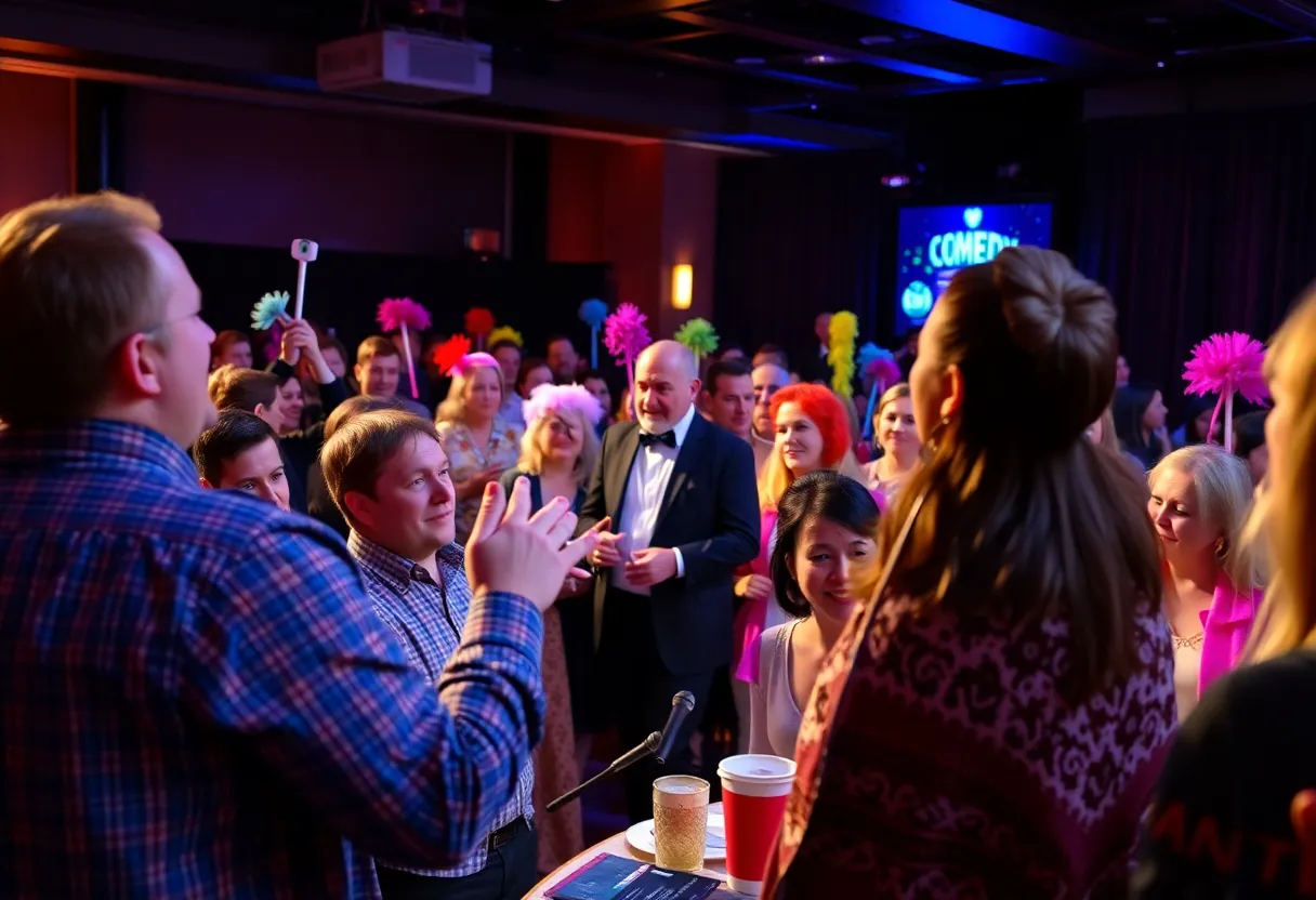 Audience participating in a live auction comedy at Candlelight Theatre, Bloomington