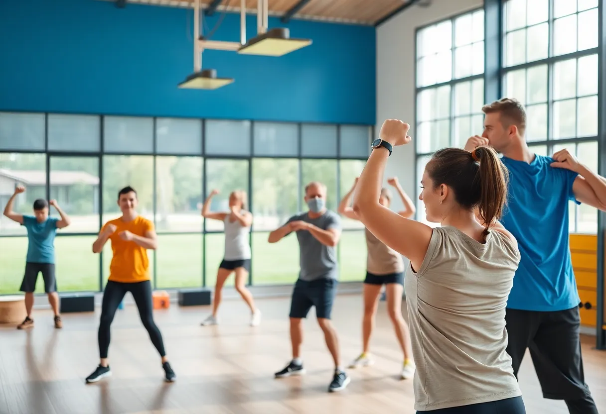 Adults participating in Strengthening and Toning fitness class at Broad Ripple Park.