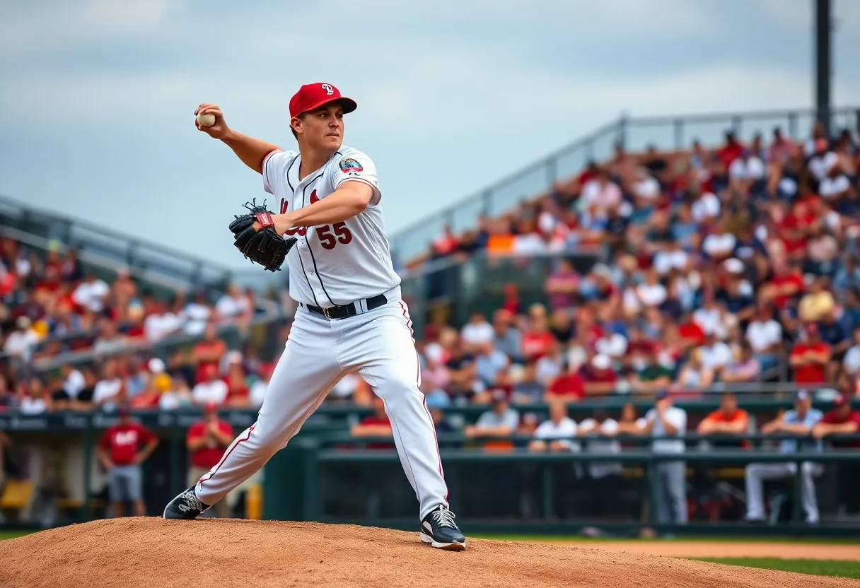 Pitcher Bubba Chandler throwing a pitch during a MLB game.