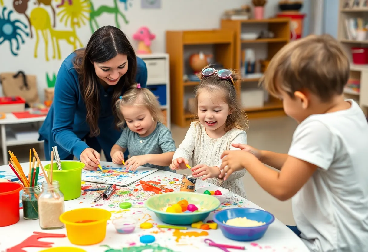 Children and adults enjoying a creative art class together, engaging with various art supplies.