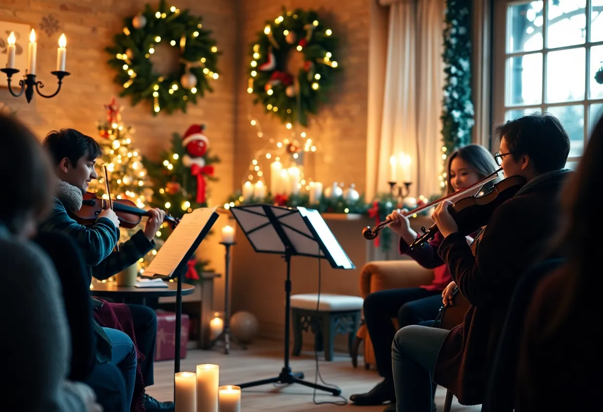 String quartet performing at a candlelight Christmas concert