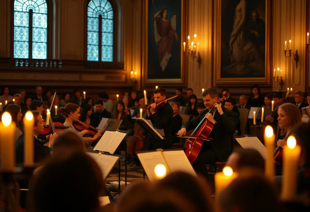 Musicians performing under candlelight at a classical concert