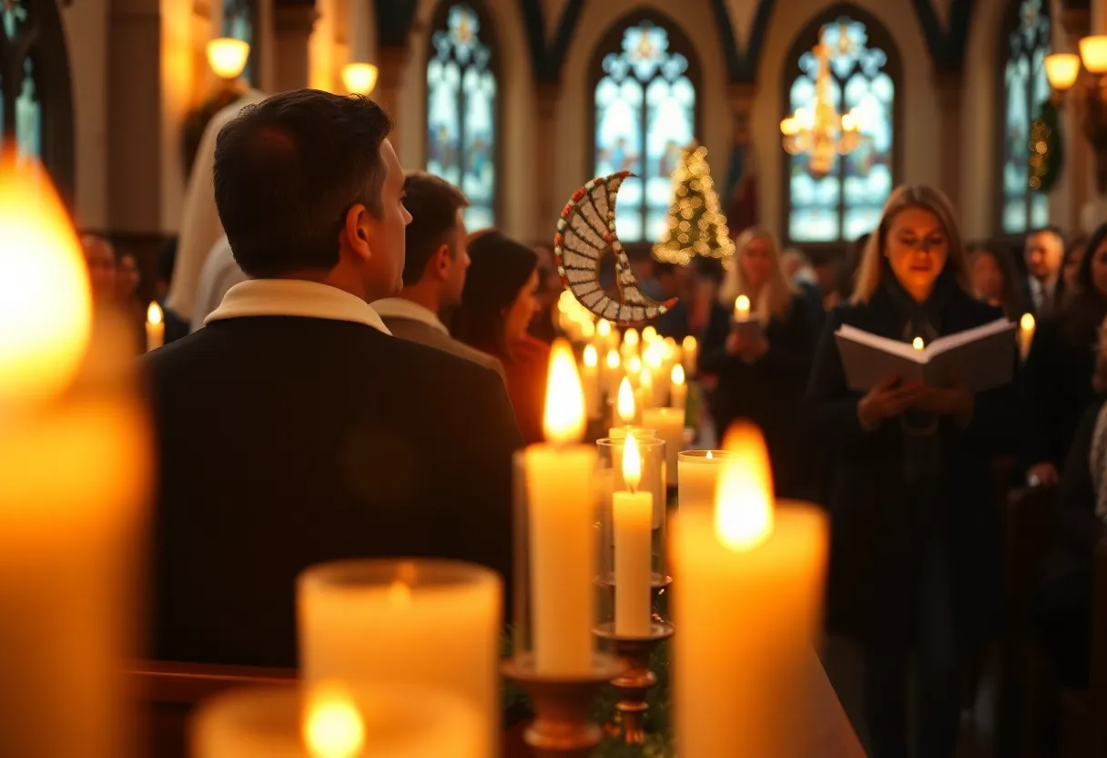 Attendees at Chapel Rock Christian Church Christmas Eve Candlelight Service with candles.