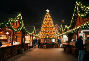 Festive wooden stalls at the Carmel Christkindlmarkt with decorations and visitors.