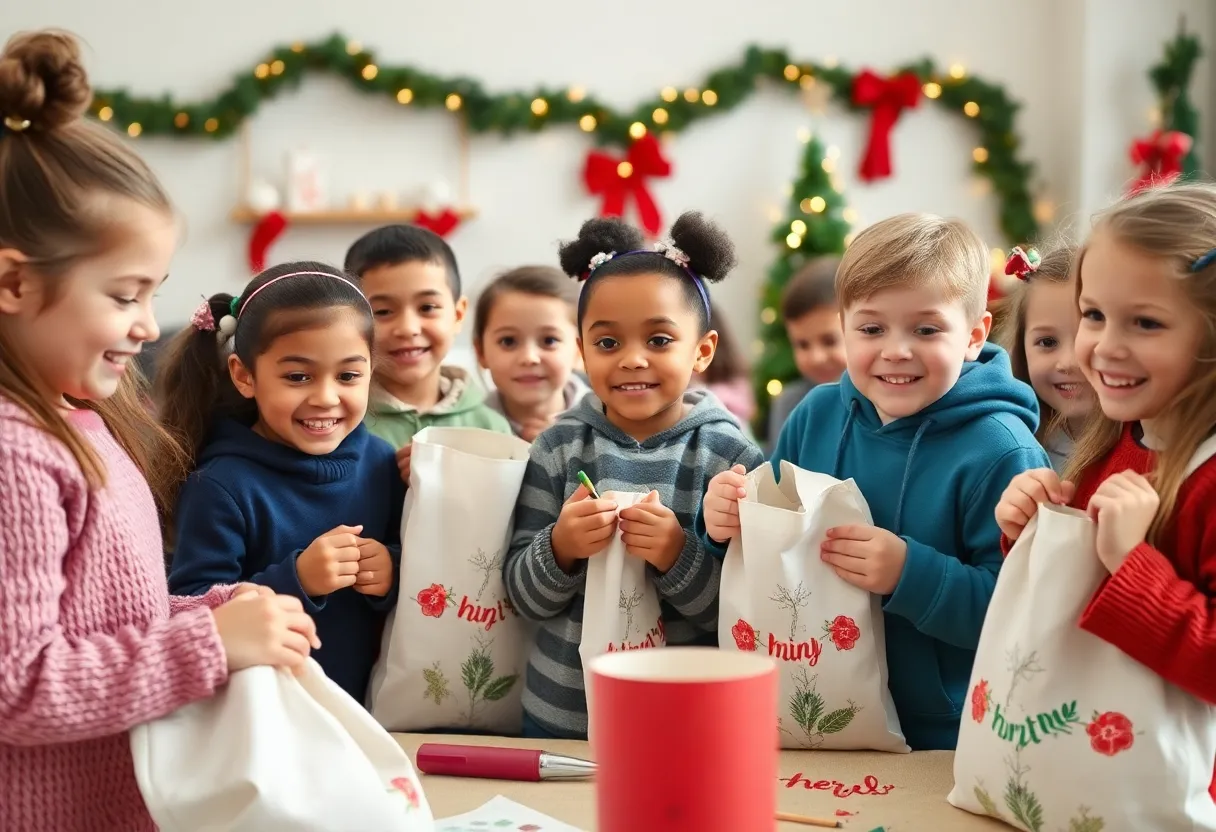 Children decorating canvas bags for holiday charity.
