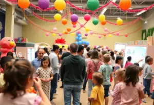 Families celebrating at the Children's Museum of Indianapolis during the 100th birthday festivities.