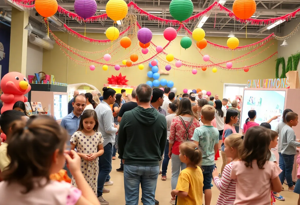 Families celebrating at the Children's Museum of Indianapolis during the 100th birthday festivities.