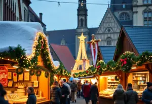 Festive atmosphere at the Athenaeum Christkindlmarkt with food stalls and holiday decorations.
