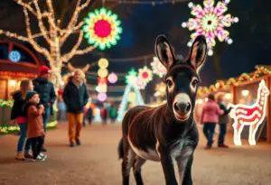Families celebrating at the Indianapolis Zoo during Christmas with twinkling lights and a baby donkey.